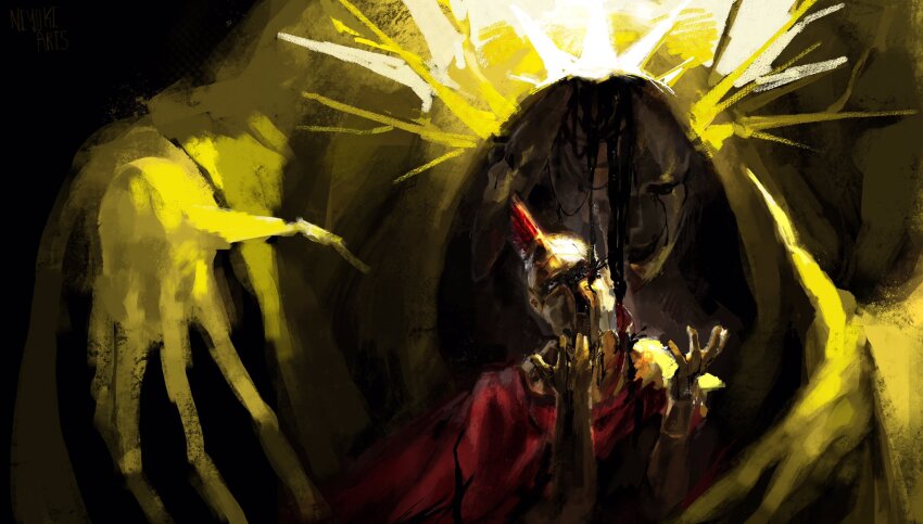 armor, claws, cloak, crown, d3rlord3, dying, eldritch_abomination, galea_helmet, giant, hands_up, hashtag-only_commentary, highres, hood, hood_up, hooded_cloak, impaled, knight, niy0ki, open_hands, reaching, reaching_towards_another, red_cloak, searching_for_a_world_that_doesn't_exist, size_difference, the_king_in_yellow_(searching_for_a_world_that_doesn't_exist), upper_body, yellow_cloak