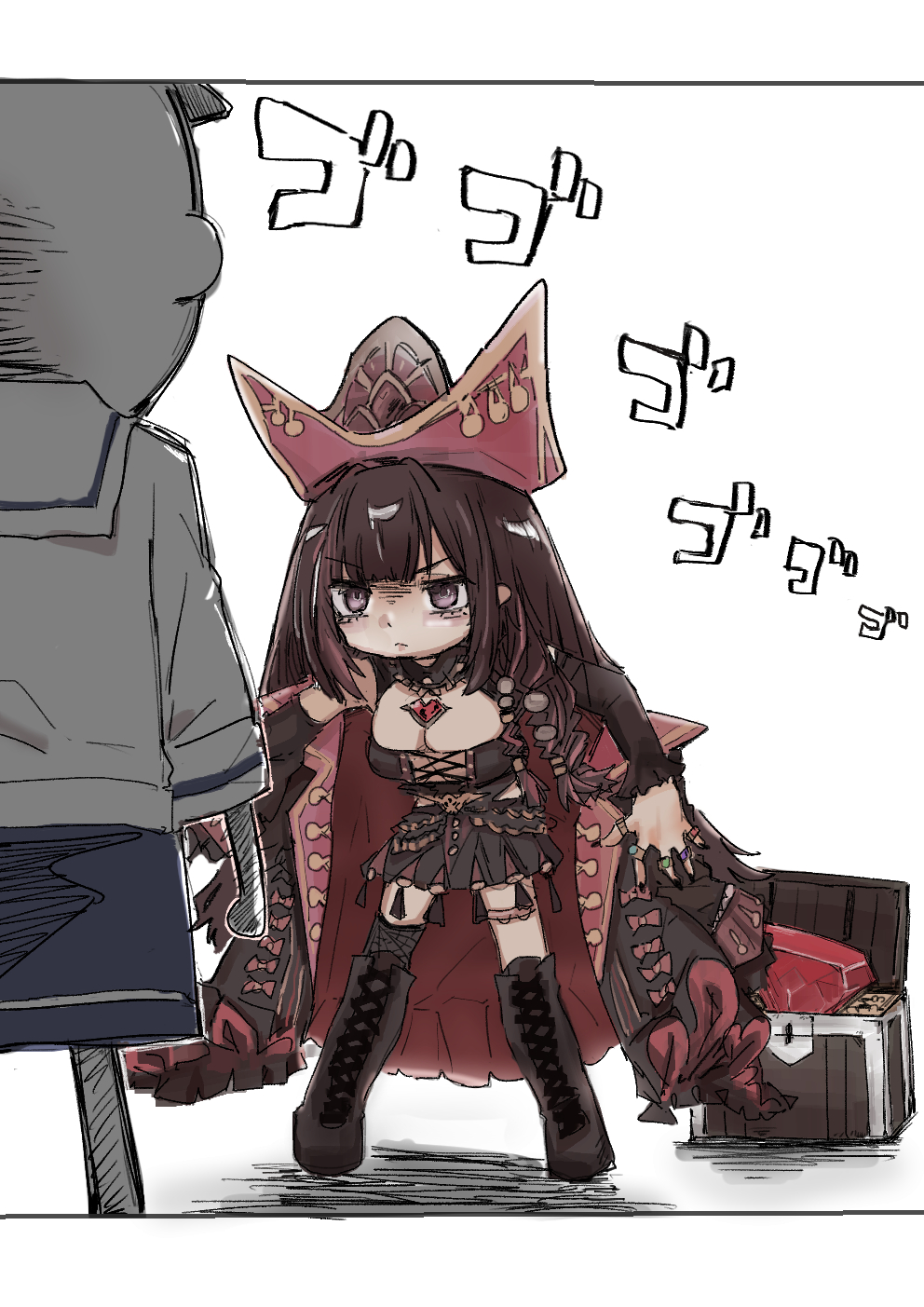 1boy, 1girl, azur_lane, black_boots, black_coat, black_hair, boots, chibi