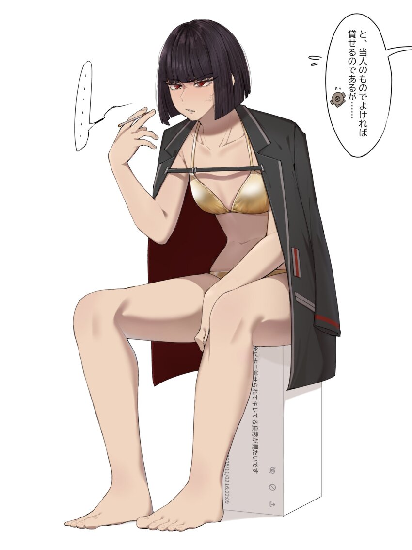 ..., 1girl, bikini, black_coat, black_hair, bob_cut, cigarette, coat, commentary_request, full_body, gold_bikini, heiya_desu, highres, holding, holding_cigarette, limbus_company, open_mouth, project_moon, red_eyes, ryoshu_(project_moon), short_hair, sitting, solo, speech_bubble, spoken_ellipsis, sweat, swimsuit, translation_request, veins