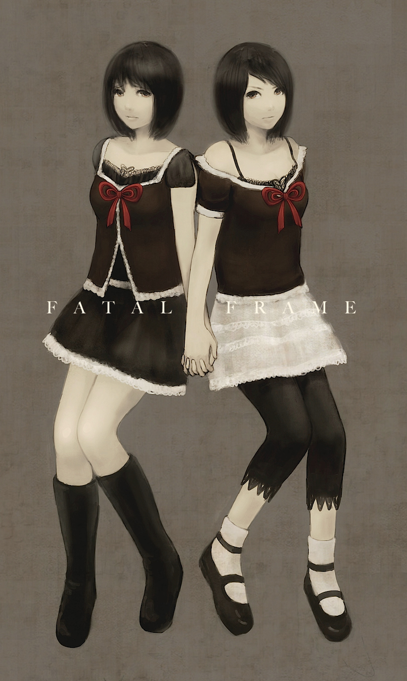 2girls, amakura_mayu, amakura_mio, bad_id, bad_pixiv_id, black_hair, black_skirt, blush