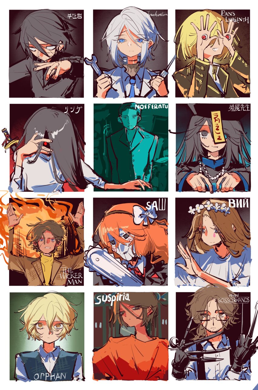 6+boys, 6+girls, absurdres, black_hair, blue_eyes, bow, chainsaw, cosplay, don_quixote_(project_moon), dress, edward_scissorhands, edward_scissorhands_(character), edward_scissorhands_(character)_(cosplay), faust_(project_moon), flower, frankenstein, gregor_(project_moon), hair_bow, hand_eye, hands_up, head_wreath, heathcliff_(project_moon), highres, holding, holding_screwdriver, holding_wrench, hong_lu_(project_moon), ishmael_(project_moon), jiangshi, jigsaw_(character), jigsaw_(character)_(cosplay), kongtiao1111111, lab_coat, limbus_company, long_hair, meursault_(project_moon), mr._vampire, multiple_boys, multiple_girls, nosferatu, open_mouth, orange_hair, orphan_(movie), outis_(project_moon), pan's_labyrinth, project_moon, red_eyes, rodion_(project_moon), ryoshu_(project_moon), saw_(movie), screwdriver, shirt, sinclair_(project_moon), smile, suspiria, the_ring, the_wicker_man, train_to_busan, very_long_hair, victor_frankenstein, victor_frankenstein_(cosplay), viy_(movie), white_bow, white_dress, white_flower, white_hair, white_shirt, wrench, yamamura_sadako, yamamura_sadako_(cosplay), yi_sang_(project_moon)