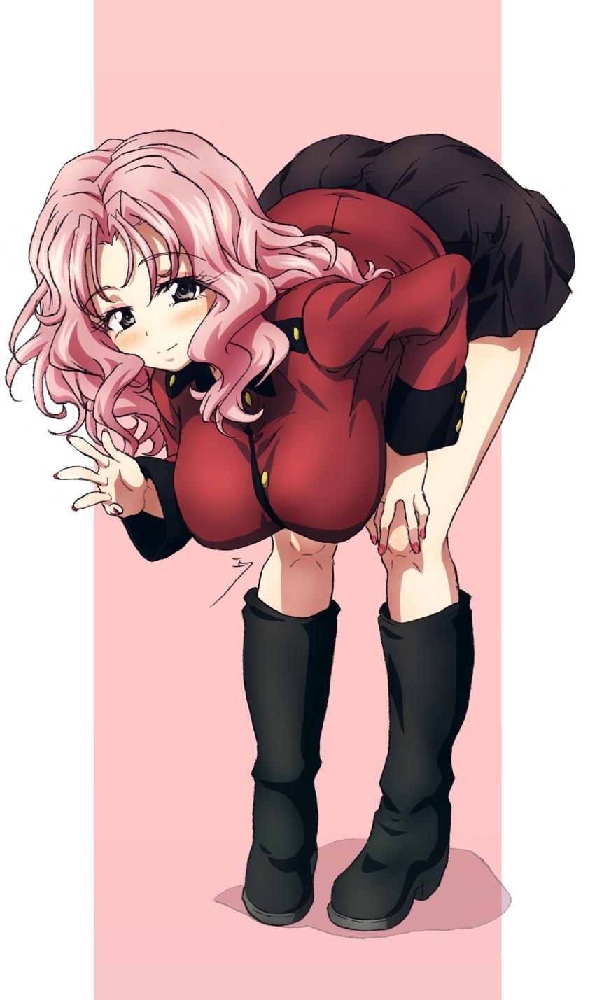 1girl, absurdres, black_boots, black_skirt, blush, boots, border, breasts