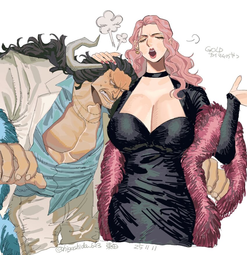 1boy, 1girl, aged_down, beard_stubble, black_choker, black_dress, black_hair, blue_shirt, breasts, charlotte_linlin, choker, closed_eyes, curled_horns, dress, eyelashes, facial_hair, feather_boa, hand_on_another's_head, higashida_623, highres, horns, jacket, kaidou_(one_piece), large_breasts, long_hair, long_sleeves, one_piece, open_mouth, pants, pink_hair, shirt, simple_background, stubble, sweatdrop, twitter_username, white_background, white_jacket, white_pants