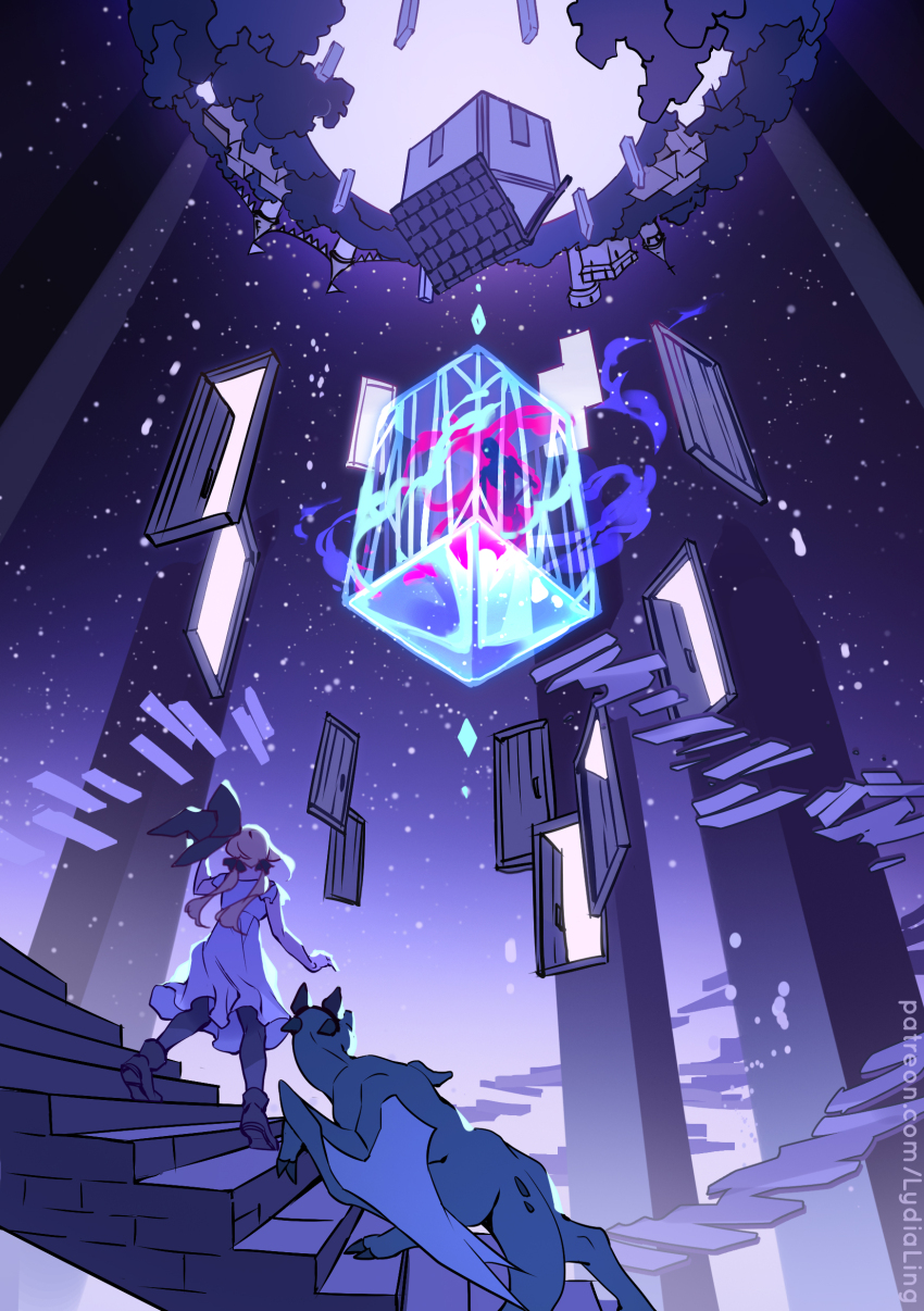 1boy, 1girl, absurdres, black_boots, black_hat, boots, cage, commentary