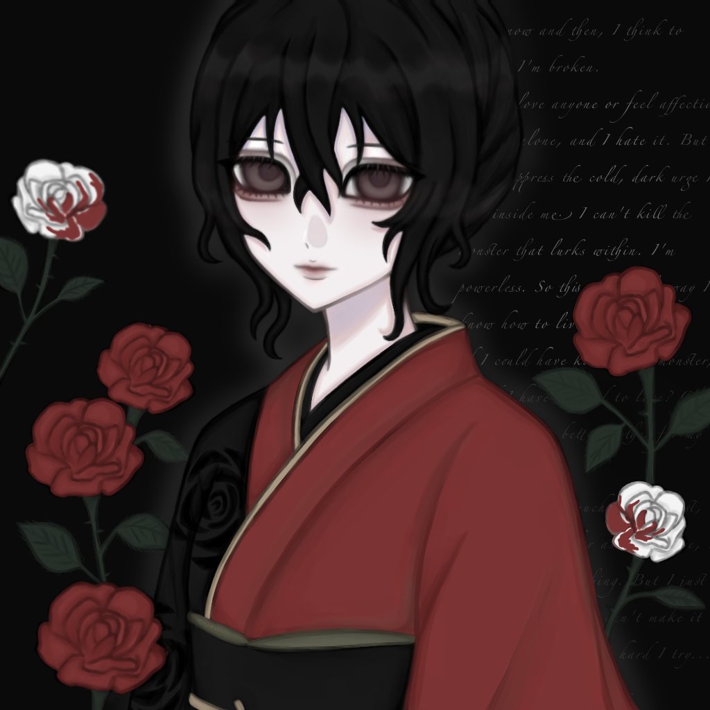 1girl, artist_request, black_background, black_hair, blood, blood_on_flower, english_text, floral_print