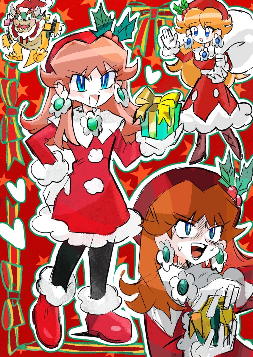 1boy, 1girl, bowser, bowser_(santa), brown_hair, dress, earrings, flower_earrings