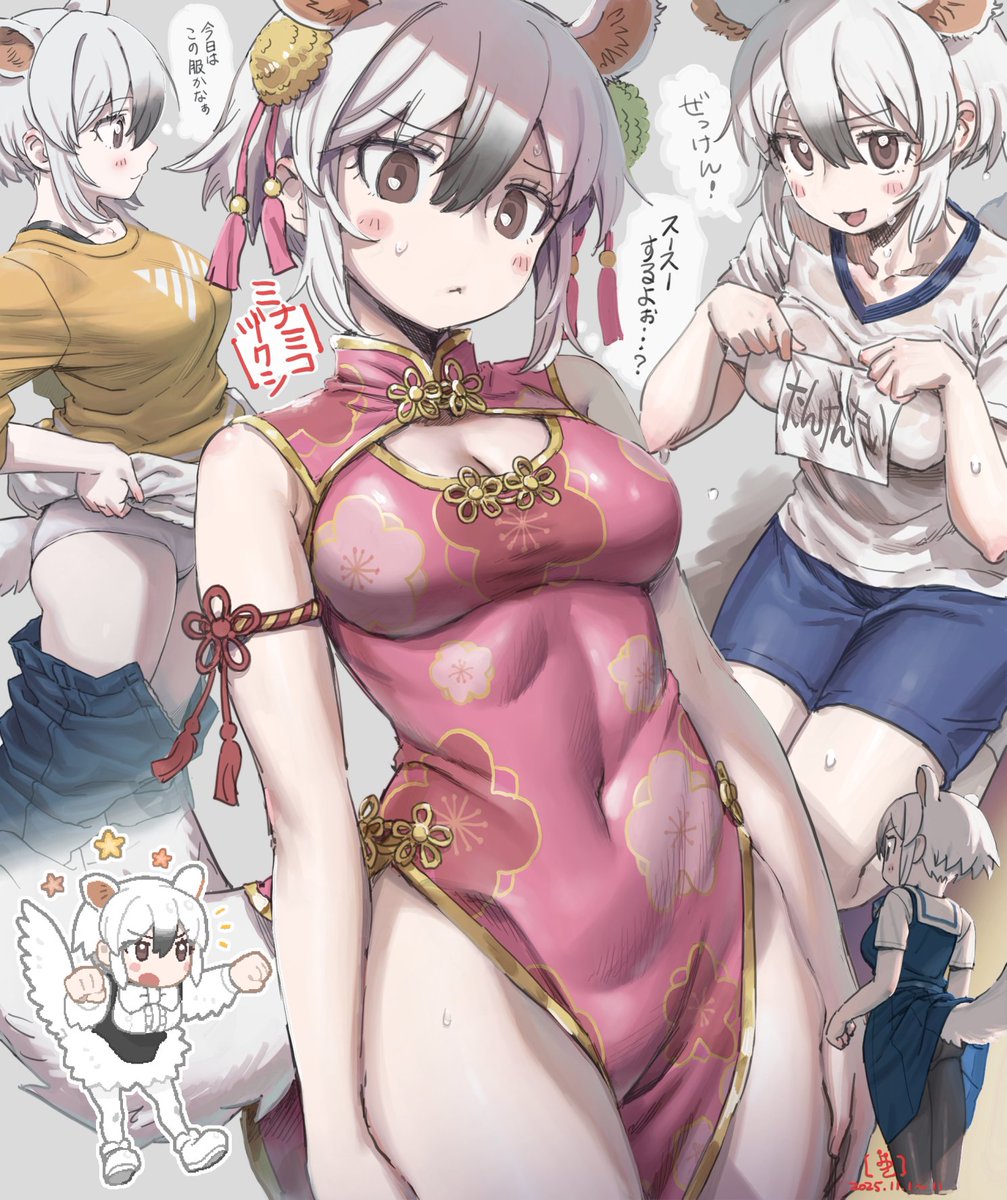 animal_ears, blush, bow, bowtie, breasts, brown_eyes, china_dress, chinese_clothes