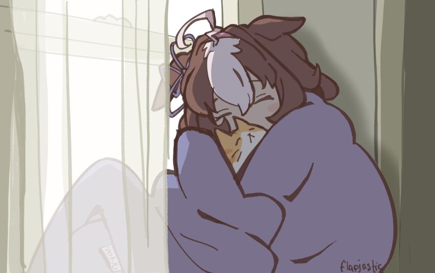 ahoge, animal_ears, blanket, blush, bow, brown_hair, cat, closed_eyes