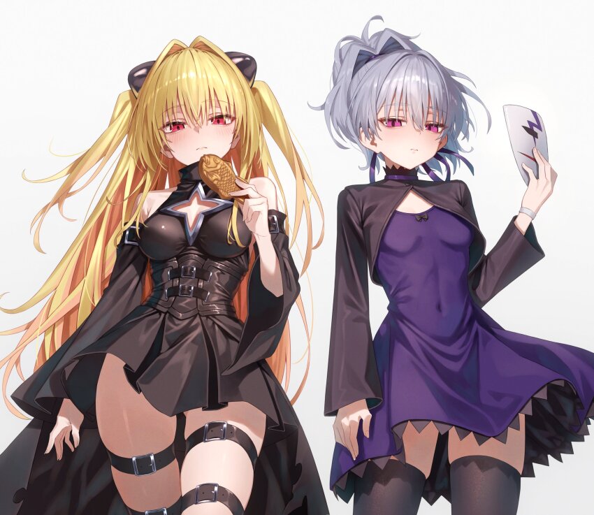 2girls, artist_request, bare_shoulders, black_dress, black_skirt, black_sleeves, black_socks, black_straps, black_thighhighs, blonde_hair, blush, breasts, closed_mouth, clothing_cutout, darker_than_black, detached_sleeves, dot_nose, dress, female_focus, flat_chest, food, grey_hair, hair_ornament, highres, holding, holding_food, holding_mask, holding_taiyaki, konjiki_no_yami, layered_skirt, leg_strap, legs, loli, long_hair, long_sleeves, looking_at_viewer, mask, medium_breasts, medium_hair, miniskirt, multiple_girls, navel, no_bra, pleated_skirt, ponytail, purple_dress, purple_eyes, purple_skirt, red_eyes, sexually_suggestive, simple_background, skirt, sleeveless, sleeveless_dress, small_breasts, socks, thick_thighs, thigh_strap, thighhighs, thighs, to_love-ru, to_love-ru_darkness, twintails, white_background, white_mask, yin_(darker_than_black), zettai_ryouiki