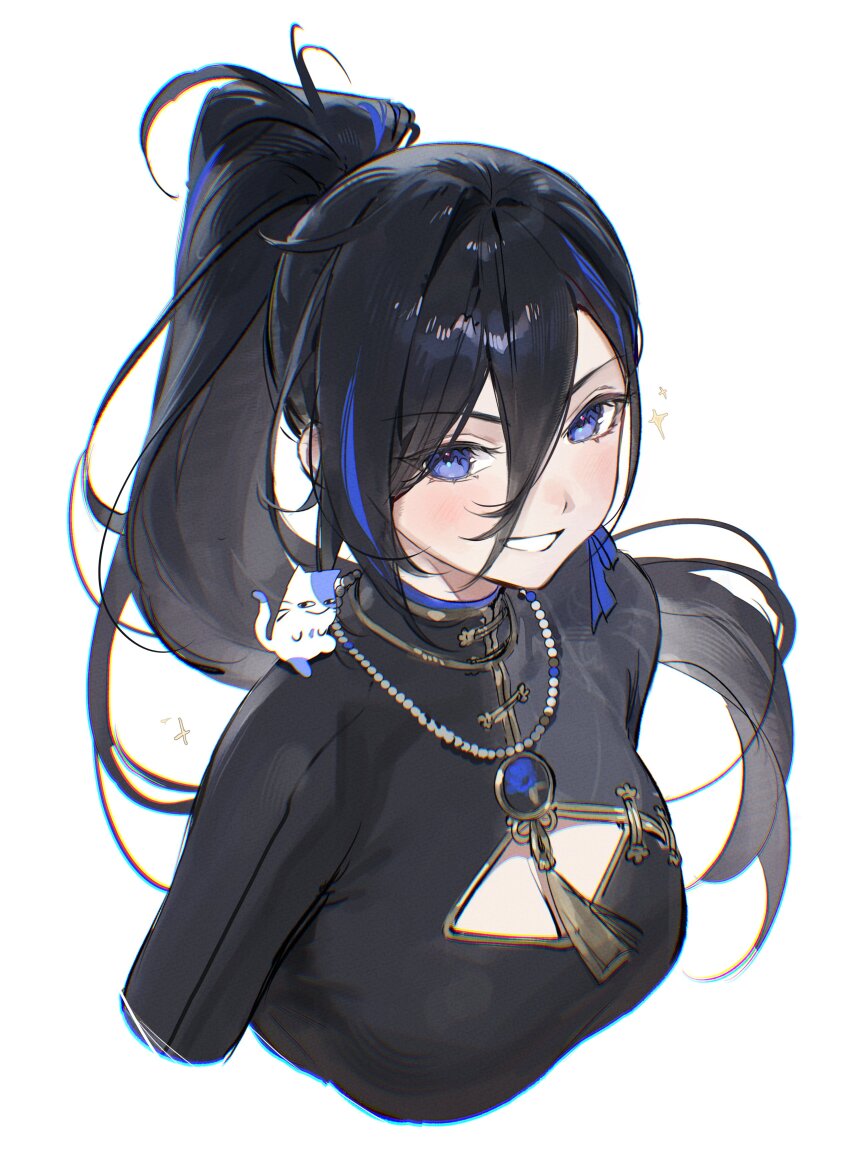 1girl, absurdres, ayase_yuu, ayase_yuu_(2nd_costume), black_hair, blue_hair, cleavage_cutout, clothing_cutout, colored_inner_hair, hair_between_eyes, highres, jewelry, long_hair, multicolored_hair, necklace, phase_connect, ponytail, smile, solo, tassel, virtual_youtuber, ye_jji, yuunion_(ayase_yuu)