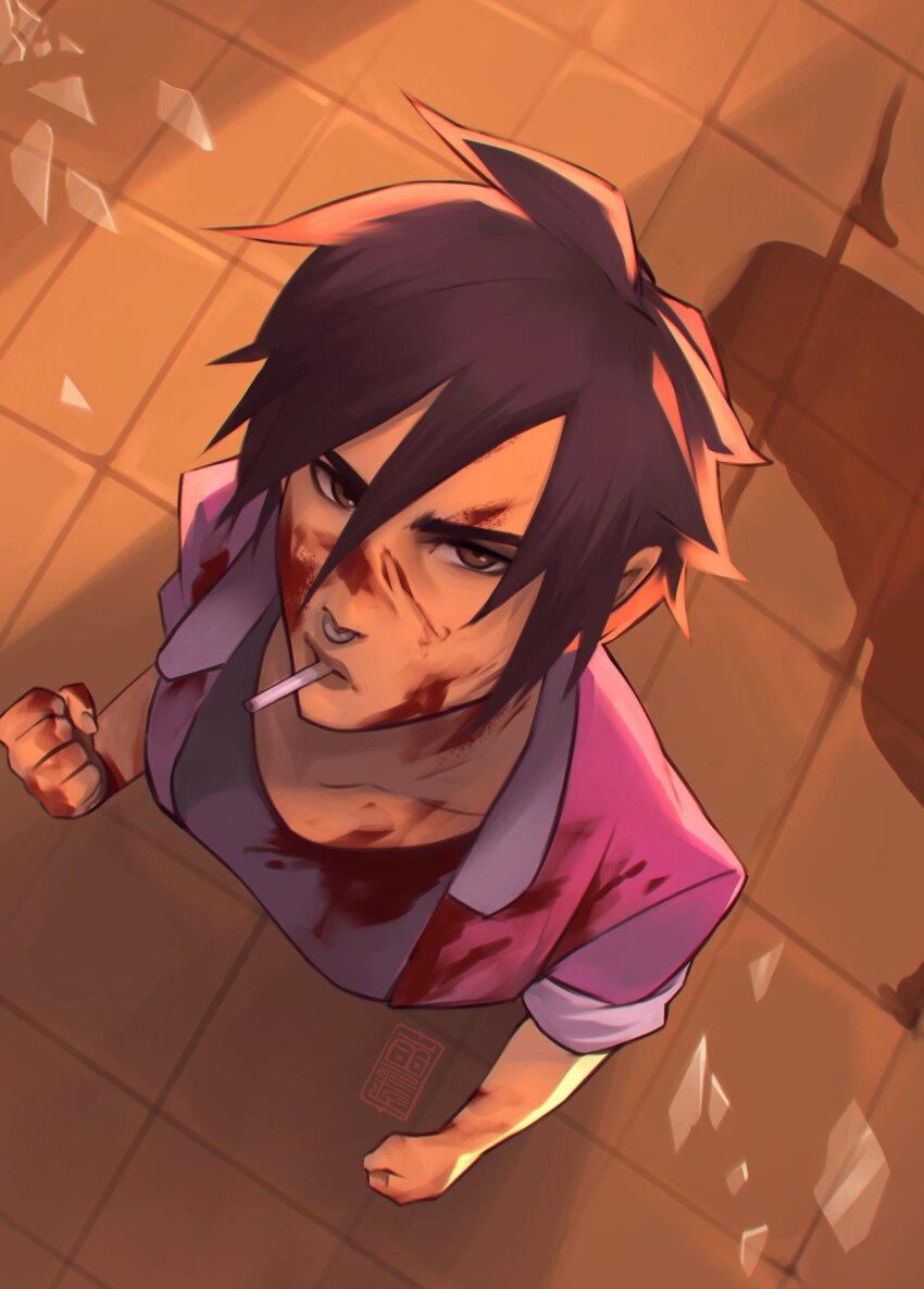 1boy, 1girl, artist_logo, astrubalart, blood, blood_on_face, brown_eyes, brown_hair