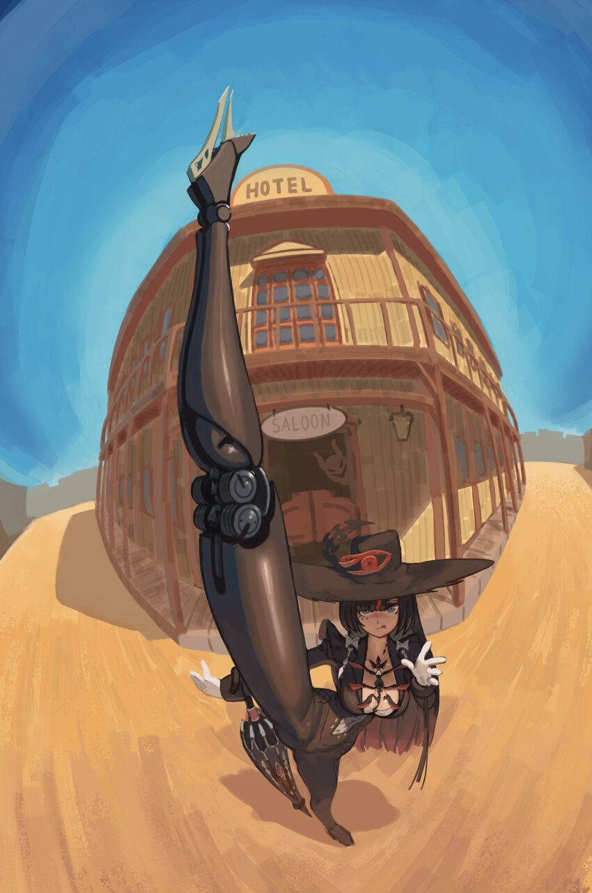 1girl, 2025, bbbrush, belt_pouch, black_bodysuit, black_hair, black_hat, bodysuit, breasts, building, card, cleavage_cutout, clothing_cutout, cowboy_shot, curtained_hair, desert, female_focus, fisheye, flexible, foreshortening, gloves, grey_eyes, hair_between_eyes, hand_up, hat, highres, holding, holding_card, incoming_attack, incoming_kick, joints, kicking, large_breasts, leg_up, legs_apart, lilith:_daemonissa_(pgr), lilith:_daemonissa_(roulette_of_stolen_time)_(pgr), lilith_(pgr), long_hair, looking_at_viewer, mark_under_eye, mechanical_legs, mixed-language_commentary, multicolored_hair, official_alternate_costume, open_mouth, perspective, pouch, puffy_sleeves, punishing:_gray_raven, red_hair, robot_joints, saloon, sleeve_cuffs, smile, solo, standing, standing_on_one_leg, streaked_hair, tongue, tongue_out, town, two-tone_hair, two-tone_hat, very_long_hair, white_gloves, witch
