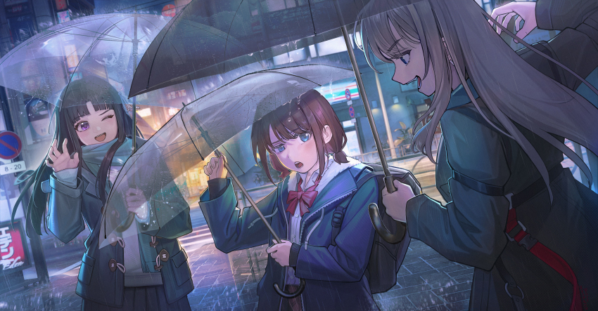 3girls, ;d, absurdres, awa_subaru, backpack, bag, black_bag, black_hair