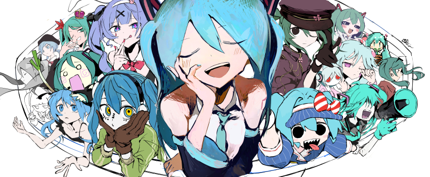 6+girls, :p, absurdres, aimaina, alien_alien_(vocaloid), andromedako, animal_ears, aqua_eyes, aqua_gloves, aqua_hair, aqua_nails, aqua_necktie, beret, black_dress, black_eyes, black_gloves, black_hat, black_ribbon, black_sclera, black_shirt, blue_dress, blue_hair, blue_hat, blush, bow, brown_gloves, card, chibi, claw_pose, closed_eyes, closed_mouth, colored_sclera, crown, detached_sleeves, dress, drooling, earrings, eyewear_on_head, facial_mark, fake_animal_ears, finger_to_mouth, fisheye, floating_hair, flower_pot, food, gloves, green_jacket, grey_hair, grin, hachune_miku, hair_ornament, hair_over_eyes, hair_ribbon, hajimete_no_koi_ga_owaru_toki_(vocaloid), hand_on_own_cheek, hand_on_own_face, hands_on_own_cheeks, hands_on_own_face, hat, hatsune_miku, headphones, hello_planet_(vocaloid), highres, holding, holding_card, holding_flower_pot, holding_megaphone, ievan_polkka_(vocaloid), jacket, jewelry, koi_wa_sensou_(vocaloid), long_hair, long_sleeves, looking_at_viewer, matryoshka_(vocaloid), megaphone, mesmerizer_(vocaloid), miku_day, mimukauwa_nice_try_(vocaloid), mini_crown, mouth_drool, multicolored_eyes, multiple_girls, neck_ribbon, necktie, no_pupils, o_o, one_eye_closed, open_mouth, outstretched_arms, peaked_cap, pink_bow, pink_eyes, pink_nails, pink_pupils, pink_ribbon, pinosan, pixel_art, plant, pointing, potted_plant, puffy_short_sleeves, puffy_sleeves, purple_hat, purple_jacket, rabbit_ears, rabbit_hole_(vocaloid), red_eyes, red_jacket, red_ribbon, ren'ai_saiban_(vocaloid), ribbon, ringed_eyes, rubbing_eyes, senbonzakura_(vocaloid), sharp_teeth, shinkai_shoujo_(vocaloid), shirt, short_sleeves, slow_motion_(vocaloid), smile, songover, spaghetti_strap, spring_onion, striped_bow, striped_clothes, striped_dress, striped_hat, suna_no_wakusei_(vocaloid), swirl, teeth, tongue, tongue_out, twintails, very_long_hair, visor_cap, vocaloid, waitress, white_shirt, world_is_mine_(vocaloid), wrist_cuffs, x_hair_ornament