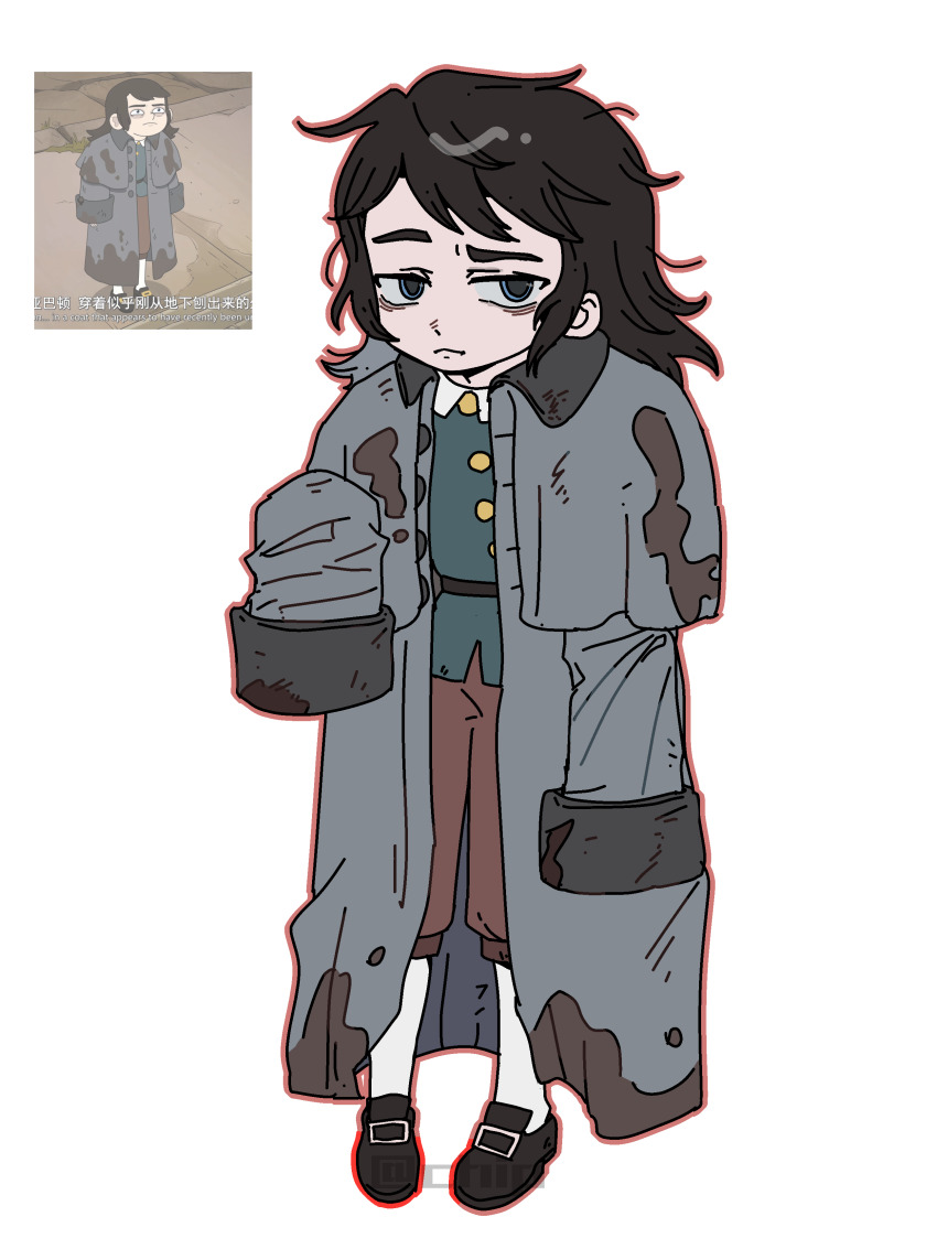 1boy, abaddon_(haunted_hotel), absurdres, bags_under_eyes, black_hair, blue_eyes, child, chinese_commentary, coat, commentary_request, dirty, dirty_clothes, grey_coat, hand_up, haunted_hotel, highres, long_hair, looking_at_viewer, male_focus, messy_hair, noecho, pigeon-toed, reference_inset, simple_background, sleeves_past_fingers, sleeves_past_wrists, solo, white_background