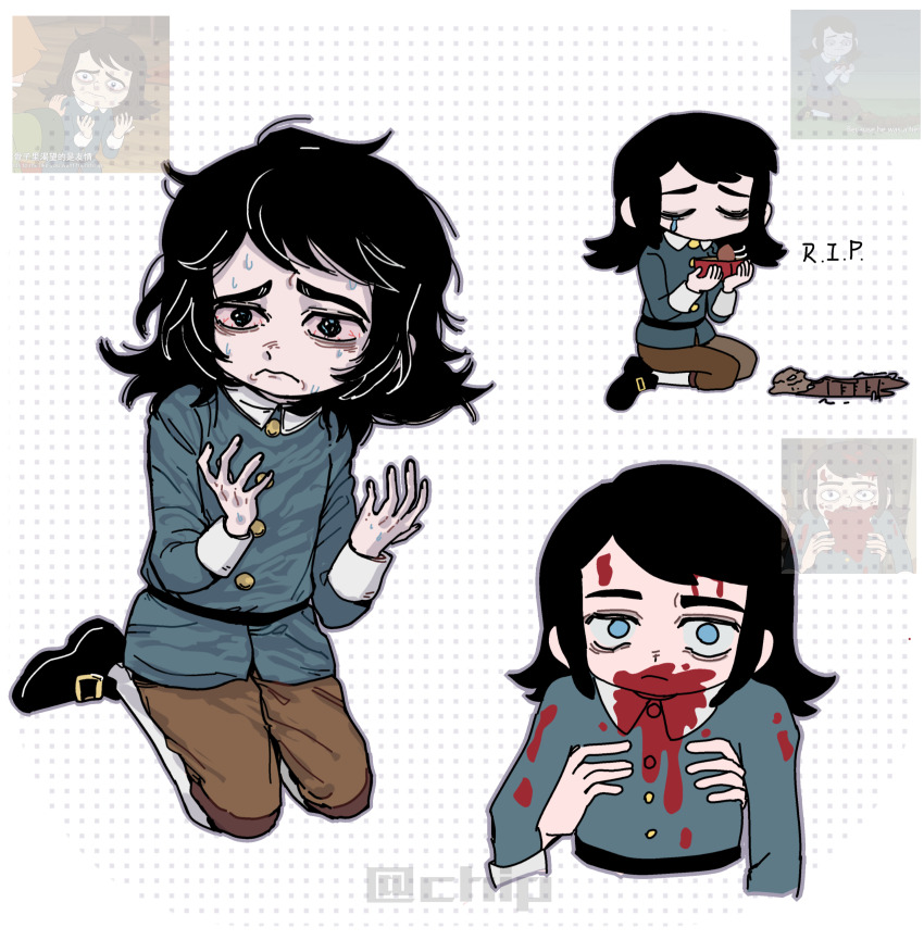 1boy, abaddon_(haunted_hotel), absurdres, armpit_hold, black_hair, blood, blood_on_clothes, blood_on_face