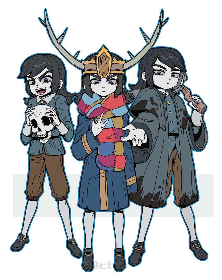 3boys, \n/, abaddon_(haunted_hotel), absurdres, black_hair, blue_coat, blue_eyes, child, chinese_commentary, coat, commentary_request, dirty, dirty_clothes, dual_persona, fake_horns, full_body, haunted_hotel, highres, holding, holding_skull, horned_headwear, horns, long_hair, looking_at_viewer, male_focus, multiple_boys, noecho, reaching, reaching_towards_viewer, scarf, skull, standing, white_background