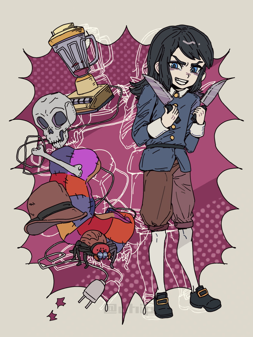 1boy, abaddon_(haunted_hotel), absurdres, black_hair, blender_(object), blue_coat, blue_eyes, bone