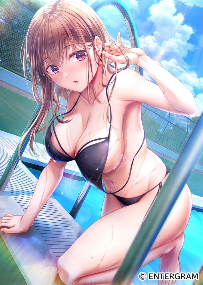 1girl, barefoot, bikini, black_bikini, blue_sky, breasts, brown_eyes, brown_hair