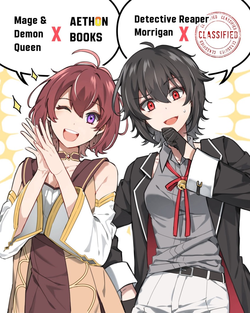 2girls, bare_shoulders, black_gloves, black_hair, black_jacket, breasts, brown_hair, character_request, cleavage, collared_shirt, color-les, commentary, detective_reaper_morrigan, english_commentary, gloves, grey_shirt, highres, jacket, looking_at_viewer, mage_and_demon_queen, malori_crowett, multiple_girls, official_art, one_eye_closed, open_clothes, open_jacket, pants, purple_eyes, red_eyes, shirt, simple_background, sleeveless, sleeveless_shirt, white_background, white_pants, white_shirt