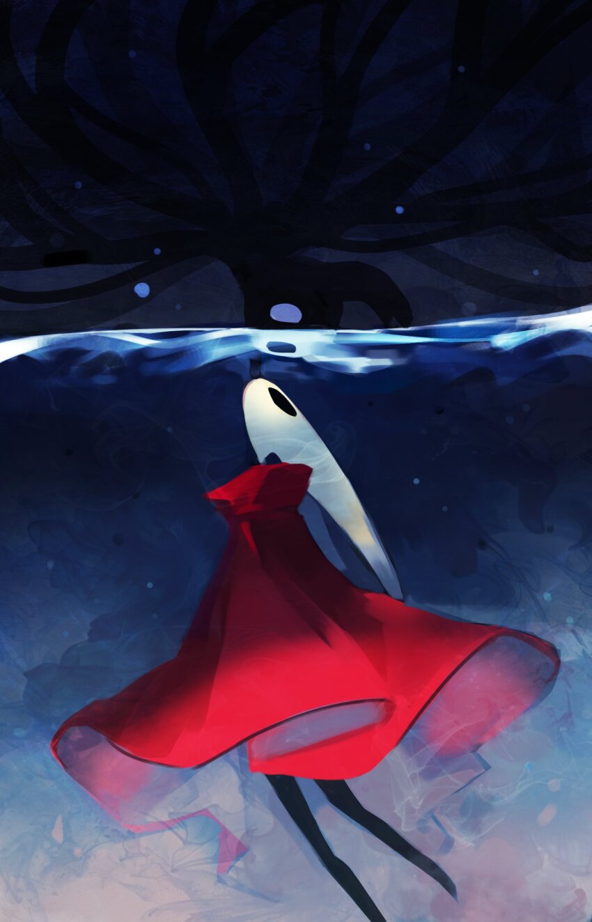 1girl, 1other, absurdres, arthropod_girl, black_eyes, black_skin, cloak, colored_skin, commentary, empty_eyes, highres, hollow_eyes, hollow_knight, horned_mask, hornet_(hollow_knight), knight_(hollow_knight), looking_up, mask, red_cloak, sunmk_s2, untranslatable_commentary, tentacles, underwater, white_eyes, white_mask