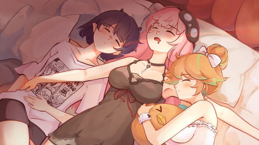 3girls, absurdres, breasts, closed_eyes, drooling, earrings, feather_earrings, feathers