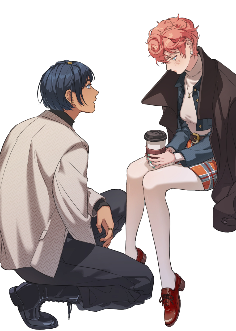 1boy, 1girl, blush, bruno_bucciarati, dark-skinned_male, dark_skin, highres, jacket