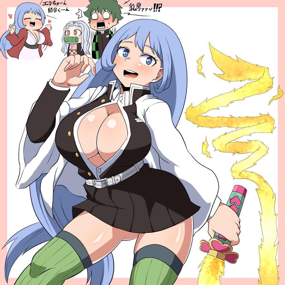 1boy, 2girls, bamboo, blue_eyes, blue_hair, boku_no_hero_academia, breasts, cleavage, closed_eyes, cosplay, demon_slayer_uniform, eri_(boku_no_hero_academia), fire_breath01, fire_breath1, gag, green_hair, green_thighhighs, grey_hair, hado_nejire, heart, holding, holding_sword, holding_weapon, horns, improvised_gag, japanese_clothes, kamado_nezuko, kamado_nezuko_(cosplay), kamado_tanjirou, kamado_tanjirou_(cosplay), kanroji_mitsuri, kanroji_mitsuri_(cosplay), katana, kimetsu_no_yaiba, kimono, large_breasts, long_hair, long_sleeves, matching_hair/eyes, midoriya_izuku, multiple_girls, pink_kimono, pleated_skirt, ribbed_thighhighs, sash, short_hair, single_horn, skirt, smile, sword, teeth, thighhighs, tongue, translation_request, upper_teeth_only, weapon