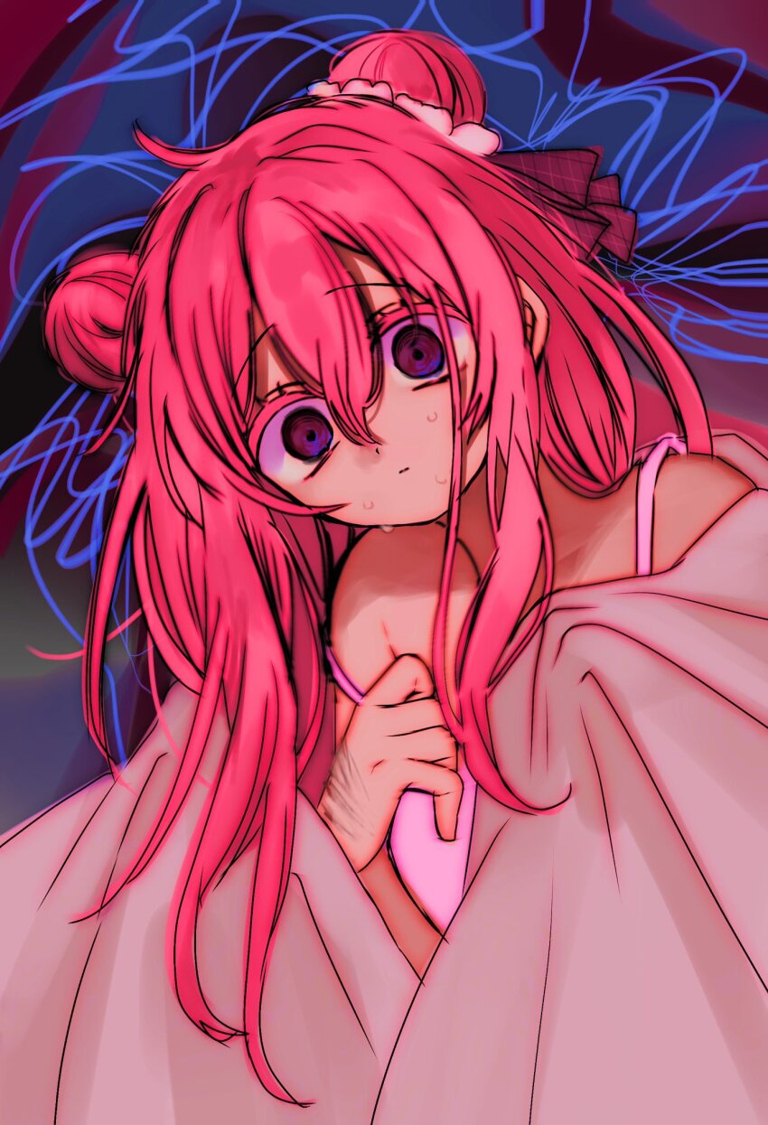 1girl, @_@, crazy_eyes, double_bun, hair_between_eyes, hair_bun, hand_up, happy_sugar_life