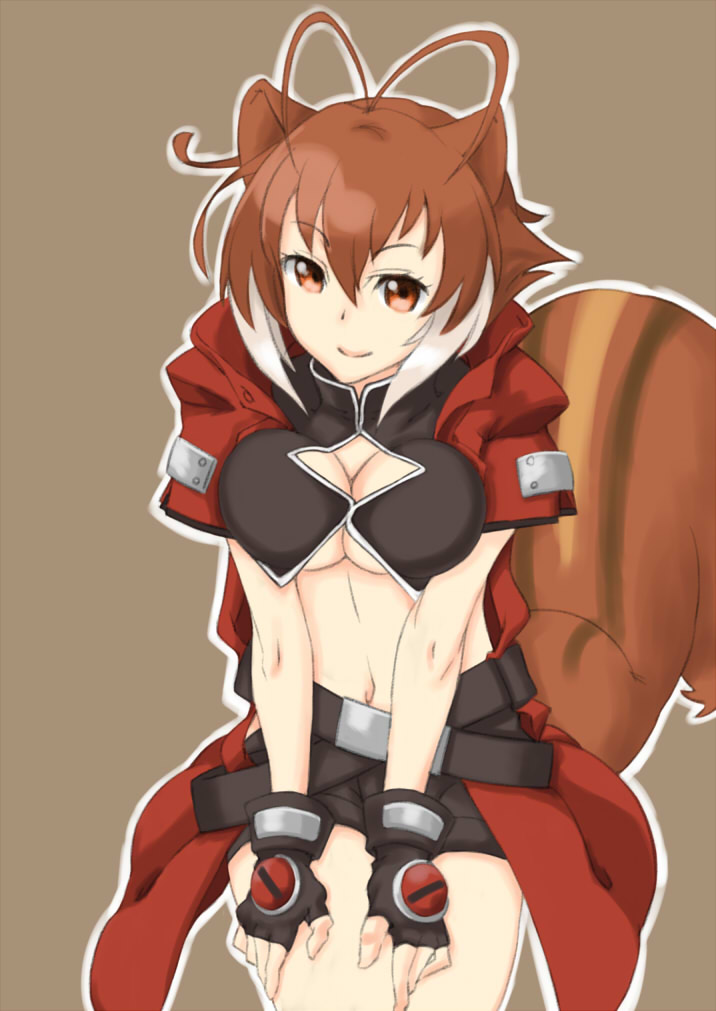 1girl, animal_ears, antenna_hair, arc_system_works, belt, blazblue, blazblue:_continuum_shift, breasts, brown_eyes, brown_hair, cleavage, cleavage_cutout, clothing_cutout, cosplay, female_focus, fingerless_gloves, gloves, jacket, kiyosi, large_breasts, makoto_nanaya, midriff, navel, ragna_the_bloodedge, ragna_the_bloodedge_(cosplay), shorts, smile, solo, squirrel_ears, squirrel_tail, tail, underboob