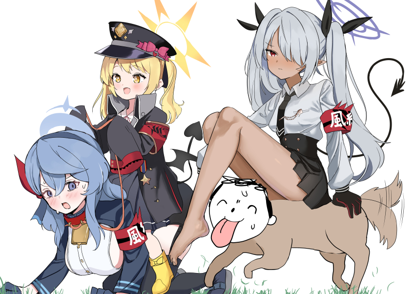 3girls, :d, absurdres, afterimage, ako_(blue_archive), all_fours, animalization, arm_at_side, armband, barefoot, bell, black_gloves, black_hat, black_necktie, black_ribbon, black_skirt, black_thighhighs, blonde_hair, blue_archive, blue_eyes, blue_hair, blue_halo, blush, boots, bow, breasts, buttons, closed_mouth, collared_shirt, commentary, cowbell, dark-skinned_female, dark_skin, demon_girl, demon_tail, demon_wings, dog, dog_tail, doodle_sensei_(blue_archive), double-breasted, exhausted, feet, frown, full_body, gloves, grey_hair, hair_between_eyes, hair_over_one_eye, hair_ribbon, halo, happy, hat, hat_bow, high-waist_skirt, highres, ibuki_(blue_archive), imminent_licking, iori_(blue_archive), jinmenken, large_breasts, long_hair, long_sleeves, looking_ahead, low_wings, mochini, motion_lines, multiple_girls, neck_bell, necktie, one_eye_covered, open_mouth, pink_bow, pleated_skirt, pointy_ears, purple_halo, red_armband, red_eyes, red_ribbon, ribbon, school_uniform, sensei_(blue_archive), shirt, sideboob, sidelocks, simple_background, sitting, skirt, sleeves_past_fingers, sleeves_past_wrists, smile, straight_hair, sweat, tail, tail_raised, tail_wagging, thighhighs, thighs, tongue, tongue_out, tsurime, twintails, v-shaped_eyebrows, very_long_hair, white_background, white_shirt, wide_sleeves, wings, yellow_boots, yellow_eyes, yellow_halo