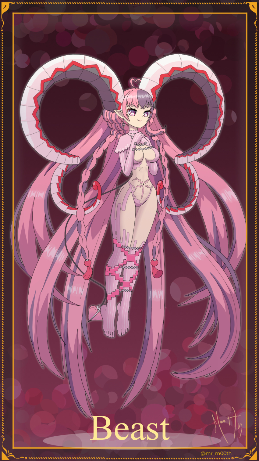 1girl, absurdly_long_hair, ahoge, braid, breasts, card_(medium), card_parody, cleavage, commentary, cosplay, crop_top, curled_horns, earrings, elbow_gloves, english_commentary, fate/grand_order, fate_(series), full_body, gloves, heart, heart_ahoge, highres, horns, ironmouse, jewelry, large_horns, long_hair, mr._mo.oth, multicolored_hair, narrow_waist, navel, pink_eyes, pink_gloves, pink_hair, pointy_ears, purple_hair, signature, solo, symbol-shaped_pupils, tiamat_(fate), tiamat_(fate)_(cosplay), twitter_username, two-tone_hair, very_long_hair, virtual_youtuber, vshojo, x-shaped_pupils