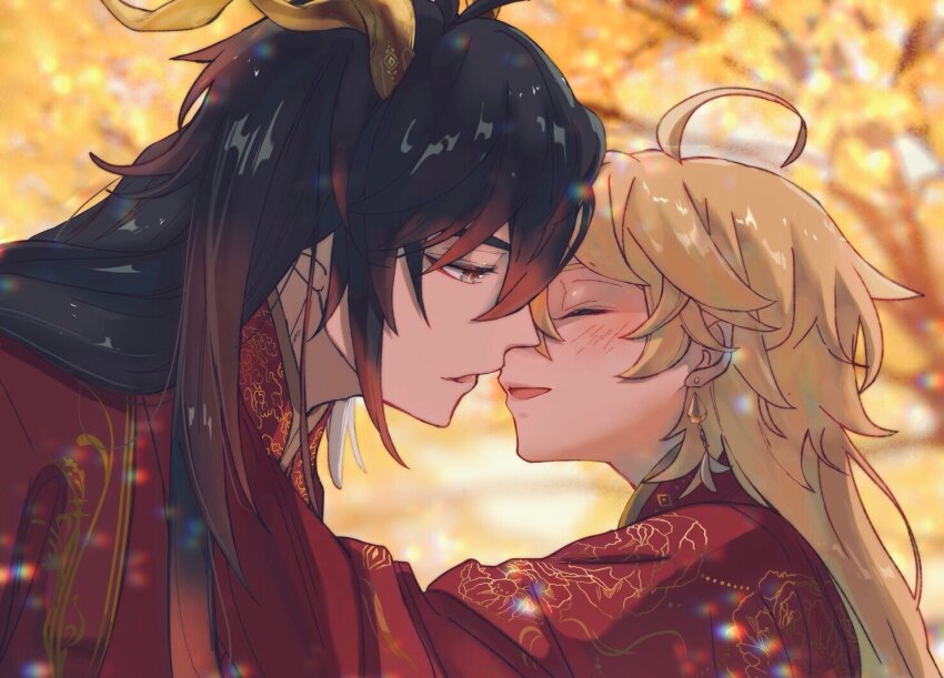 2boys, aether_(genshin_impact), ahoge, alternate_costume, black_hair, blonde_hair, china_dress, chinese_clothes