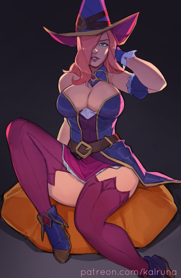 1girl, bewitching_miss_fortune, breasts, cleavage, hair_over_one_eye, halloween_costume, hat, kalruna
