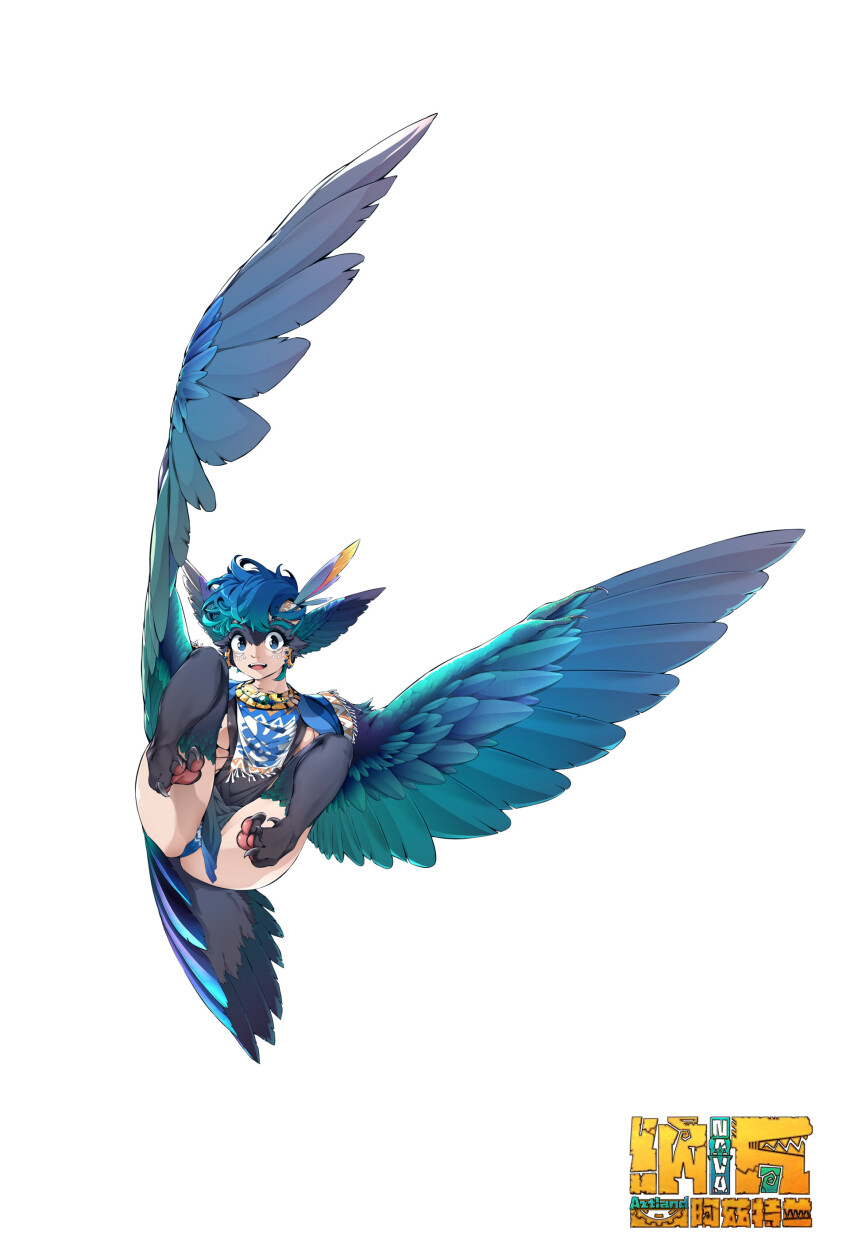1girl, absurdres, amile, animal_ears, aztec, bird_girl, blue_eyes, cameltoe, cape, coatlicue, copyright_name, earrings, facial_mark, fantasy, feathers, feet, freckles, full_body, furry, gold, gradient_hair, grey_feathers, harpy, highres, jewelry, monster_girl, multicolored_hair, open_mouth, panties, sharp_toenails, smile, soles, toenails, underwear, white_background, wings