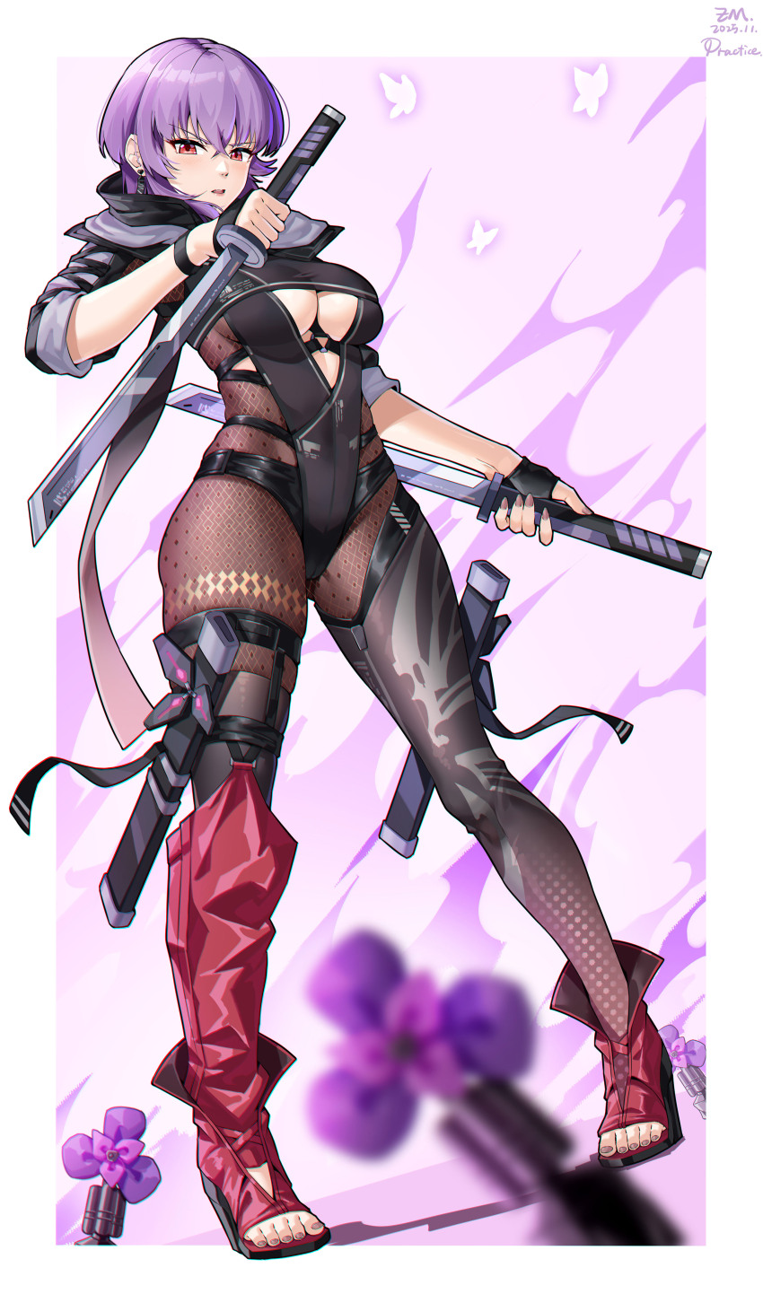 1girl, absurdres, asymmetrical_legwear, ayane_(doa), black_bodysuit, bodysuit, breast_cutouts, breasts
