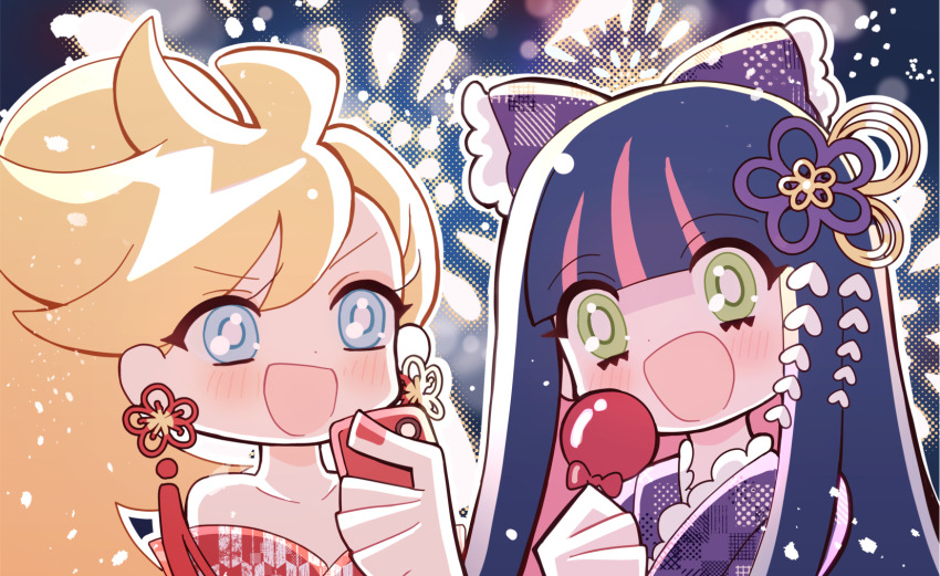 2girls, ben-day_dots, blonde_hair, blue_eyes, blue_hair, bow, candy, colored_inner_hair, fireworks, food, frilled_bow, frilled_kimono, frills, gingham_bow, gingham_kimono, green_eyes, highres, holding, holding_candy, holding_food, japanese_clothes, kimono, long_hair, multicolored_hair, multiple_girls, night, open_mouth, panty_&amp;_stocking_with_garterbelt, panty_(psg), pink_streaks, ponytail, purple_bow, purple_kimono, red_kimono, red_nails, screentones, siblings, sisters, stocking_(psg), tukinoyoru336, yukata