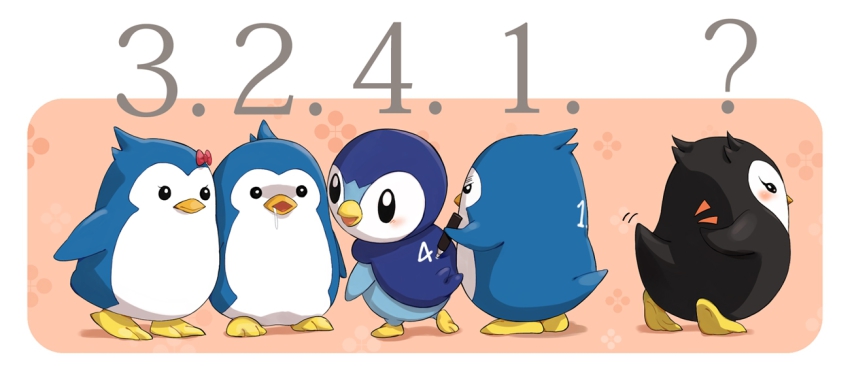 10s, ?, bird, bow, buizelbuibui, crossover, esmeralda_(mawaru_penguindrum), gen_4_pokemon, look-alike, mawaru_penguindrum, nintendo, no_humans, odd_one_out, penguin, penguin_1-gou, penguin_2-gou, penguin_3-gou, piplup, pokemon, pokemon_(creature), saliva