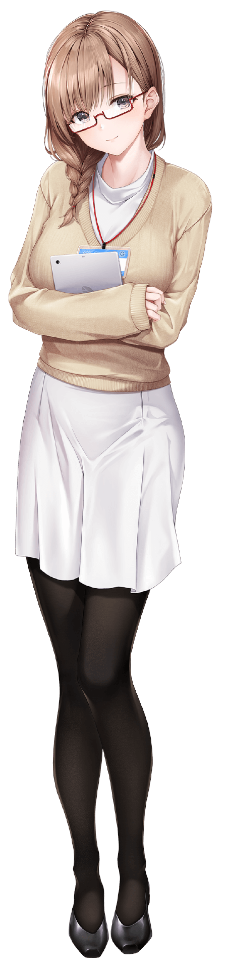 1girl, artist_request, black_pantyhose, black_shoes, braid, brown_cardigan, brown_hair, cardigan