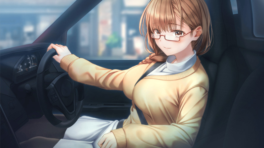 1girl, artist_request, breasts, brown_eyes, brown_hair, car_interior, cardigan, closed_mouth
