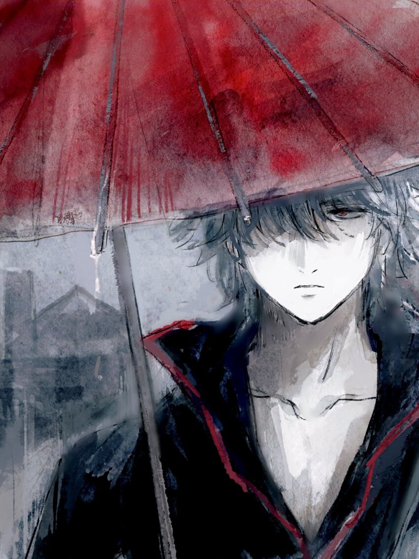 1boy, black_shirt, closed_mouth, collarbone, gintama, grey_hair, hair_over_one_eye, highres