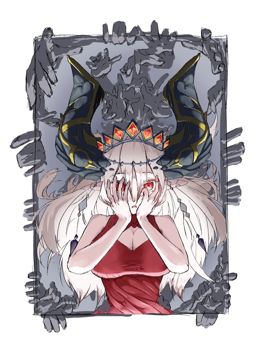 1girl, bare_shoulders, black_horns, blazing_cartesia_the_virtuous, border, breasts, cleavage, dress, duel_monster, ecclesia_(yu-gi-oh!), grey_hair, highres, horns, large_breasts, pointy_ears, red_dress, sketch, solo_focus, tarotaro0418, upper_body, white_border, yu-gi-oh!