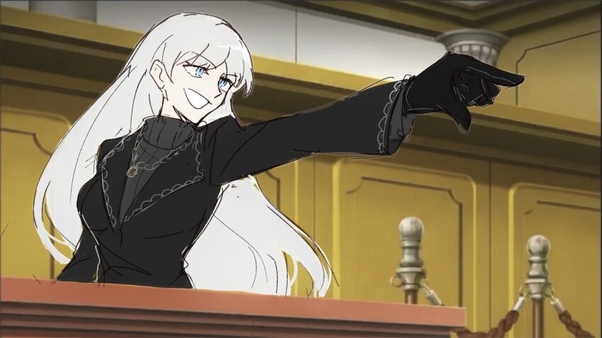1girl, ace_attorney, angelica_(project_moon), black_gloves, black_jacket, black_sweater, blue_eyes, courtroom