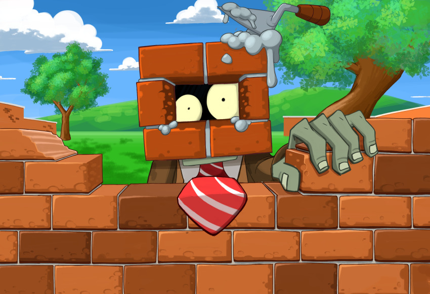 blue_sky, brick, brick_wall, brickhead_zombie_(plants_vs._zombies), brown_jacket, cloud, colored_skin, commentary_request