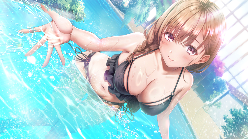 1girl, artist_request, bikini, black_bikini, braid, breasts, brown_eyes, brown_hair