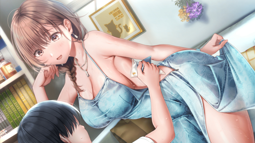 1boy, 1girl, artist_request, bare_shoulders, black_hair, blue_dress, bookshelf, braid