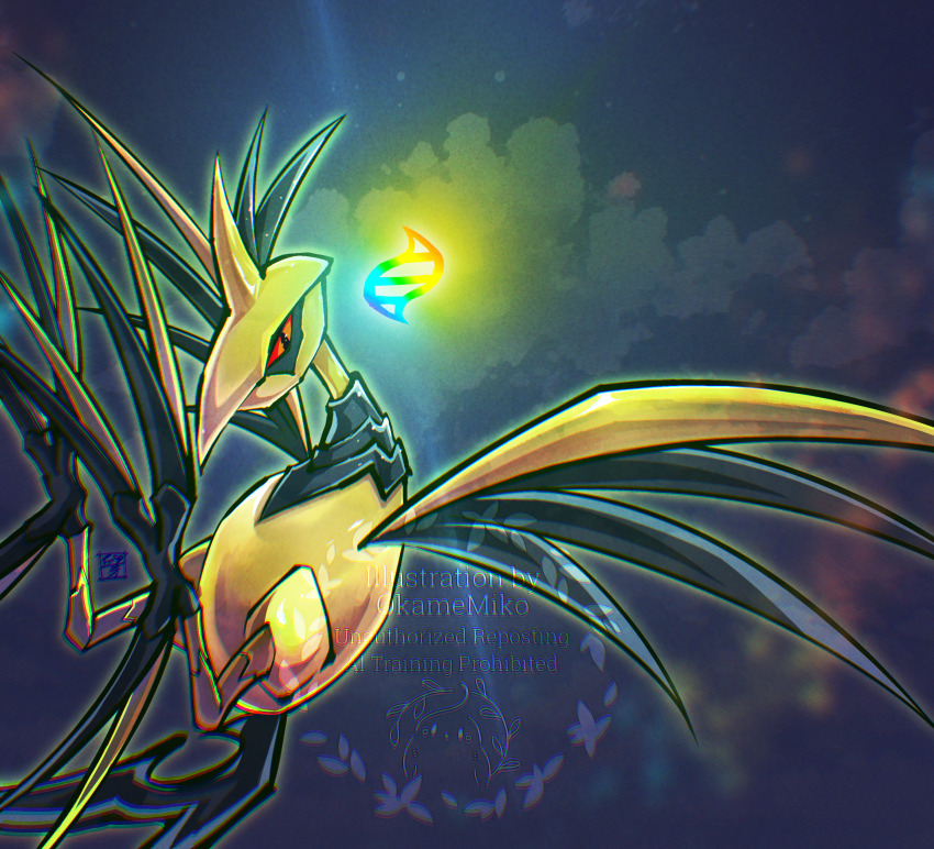 absurdres, animal_focus, bird, closed_mouth, cloud, commentary_request, gen_2_pokemon, gold_skin