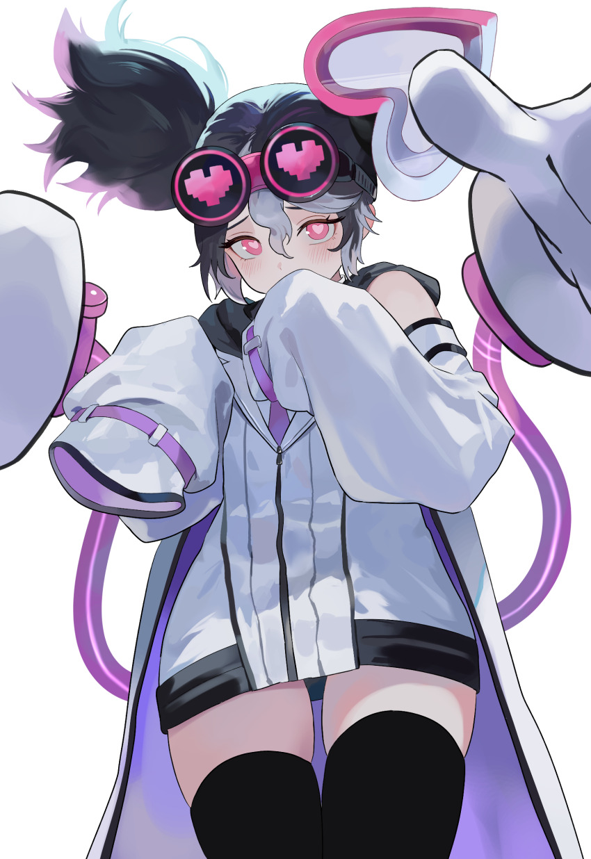 1girl, absurdres, black_hair, black_thighhighs, coat, covered_mouth, duel_monster, goggles