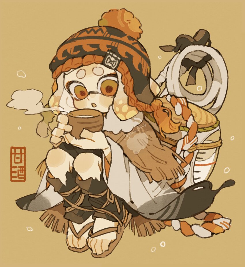 1girl, :o, beanie, black_hat, blonde_hair, blowing_on_food, bowl, brown_capelet, capelet, commentary_request, full_body, fur-trimmed_capelet, fur_trim, goo_tuber_(splatoon), grey_kimono, hat, highres, holding, holding_bowl, ink_tank_(splatoon), inkling, inkling_girl, inkling_player_character, japanese_clothes, kimono, leg_wrap, long_sleeves, nintendo, open_mouth, orange_eyes, p0m4_p0m4, pom_pom_(clothes), pom_pom_beanie, short_hair, simple_background, solo, splatoon_(series), tentacle_hair, thick_eyebrows, waraji, weapon, weapon_on_back, wide_sleeves, yellow_background