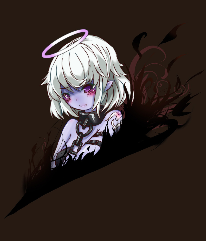 1girl, angel, bad_id, bad_pixiv_id, bare_shoulders, belt, blush, chain, collar, colored_skin, dark_angel, dark_angel_(monster_girl_encyclopedia), darkness, fang, female_focus, fire, flat_chest, halo, heart, monster_girl, monster_girl_encyclopedia, pointy_ears, purple_eyes, purple_skin, short_hair, silver_hair, smile, solo, sud_(sudea), tattoo